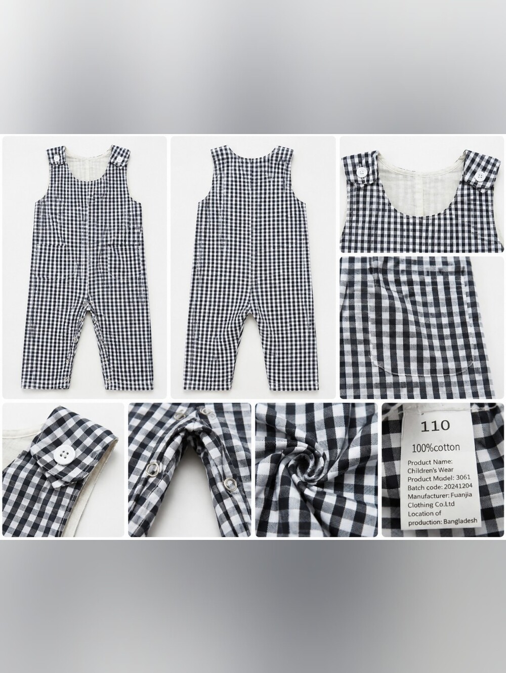 Children's Black & White Gingham Cotton Romper
